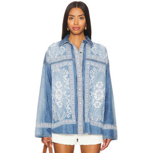 Free People We The Free Blue Denim Lace Embroidered Button-Down Shirt, size XS